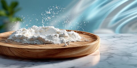 A round board half-covered in flour on a clean, light-colored granite counter. The background is a soft, bright blur with a sense of motion