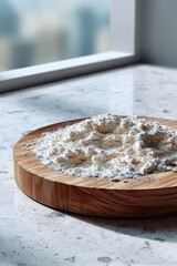 A round board half-covered in flour on a clean, light-colored granite counter. The background is a soft, bright blur with a sense of motion