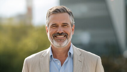 Smiling Mature Man Wearing Light Blazer and Blue Shirt in Outdoor Background