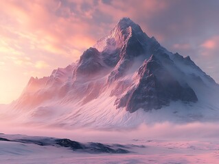 Majestic mountain peak bathed in the soft light of dawn with snowy expanse