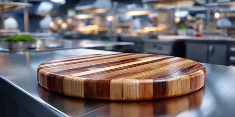 A round cutting board made of alternating light and dark wood strips on a stainless steel industrial counter. The background is a vibrant, chaotic blur of a professional kitchen