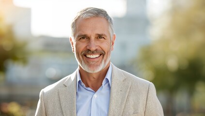 Smiling Mature Man Portrait with Gray Hair and Beard Outdoors in Natural Light