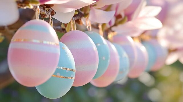Colorful decorated Easter eggs suspended from branches, perfect for spring or Easter themed designs