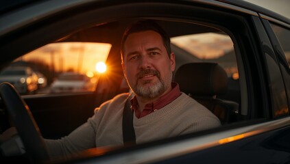 Man driving car portrait from passenger view with city lights outside