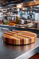 A round cutting board made of alternating light and dark wood strips on a stainless steel industrial counter. The background is a vibrant, chaotic blur of a professional kitchen