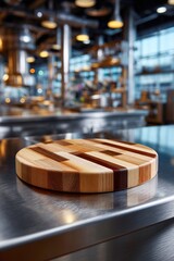 A round cutting board made of alternating light and dark wood strips on a stainless steel industrial counter. The background is a vibrant, chaotic blur of a professional kitchen