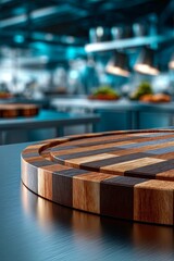 A round cutting board made of alternating light and dark wood strips on a stainless steel industrial counter. The background is a vibrant, chaotic blur of a professional kitchen
