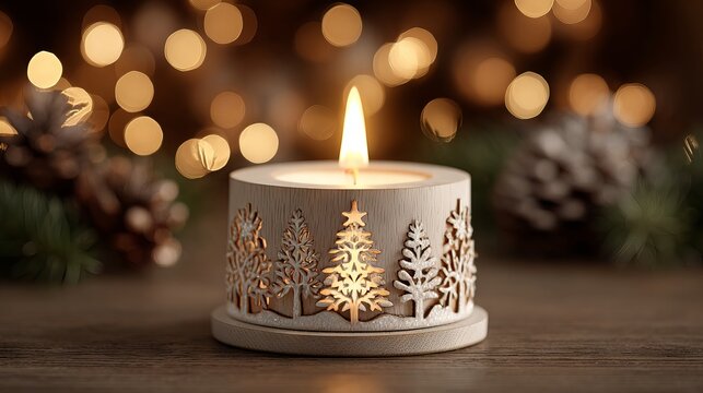 Cozy Christmas candle in wooden holder with tree and snowflake cutouts glowing warm light festive winter holiday decor on rustic table for cards invitations packaging product mockups and social media