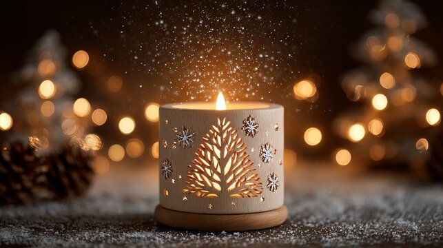 Cozy Christmas candle in wooden holder with tree and snowflake cutouts glowing warm light festive winter holiday decor on rustic table for cards invitations packaging product mockups and social media