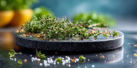 A round cutting board with small, fresh herbs scattered on it on a clean black counter. The background is a soft, warm blur with hints of green and yellow