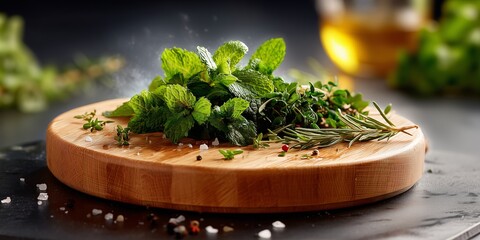 A round cutting board with small, fresh herbs scattered on it on a clean black counter. The background is a soft, warm blur with hints of green and yellow