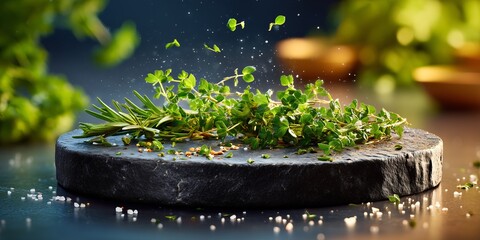 A round cutting board with small, fresh herbs scattered on it on a clean black counter. The background is a soft, warm blur with hints of green and yellow