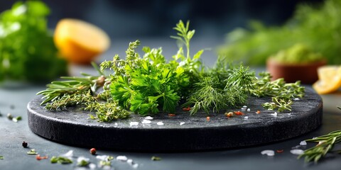A round cutting board with small, fresh herbs scattered on it on a clean black counter. The background is a soft, warm blur with hints of green and yellow