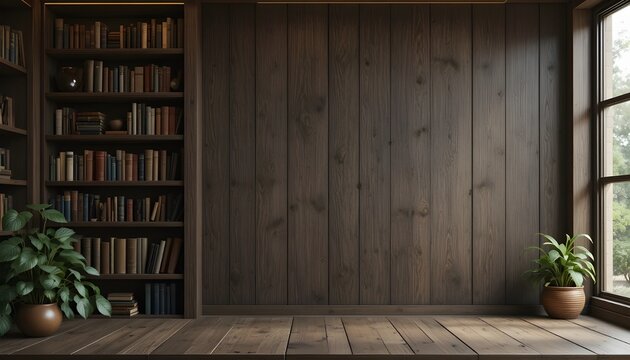 Cozy Virtual Background with Wooden Bookshelf, Old Books, Greenery, and Warm Lighting