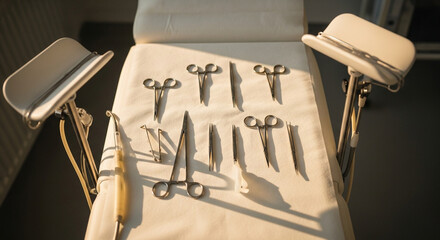 A collection of surgical instruments laid out on a medical examination table with stirrups.