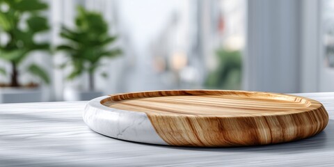 A round serving board with a slightly raised edge on a clean white wooden counter. The background is a bright, pure white blur