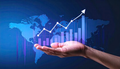 Digitally rendered hand holding up a growing chart over a world map