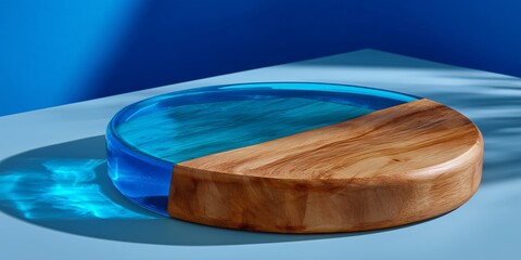 A round wooden board with a bright blue resin inlay on a clean white counter. The background is a vibrant blue blur matching the inlay