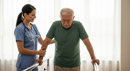Obraz premium A healthcare professional assists an elderly man with physical therapy, supporting his arm as he walks.