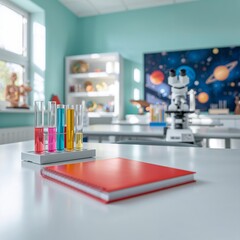 Science lab colorful test tubes and notebook on desk
