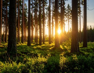 Sunlight filters through pine trees in a forest