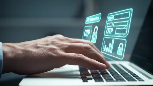 Man Typing on Laptop with Holographic OTP Verification and Digital Security Icons