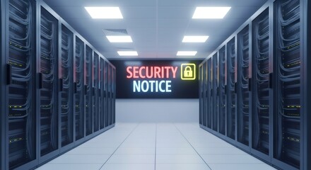 Server room with security notice sign. Data center network storage. Cybersecurity and digital information protection concept.