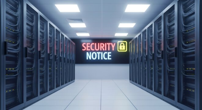 Server room with security notice sign. Data center network storage. Cybersecurity and digital information protection concept.
