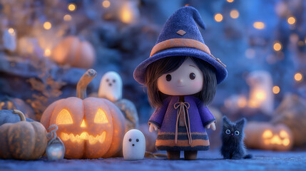 ハロウィンの魔女と黒猫の可愛いパーティーシーン