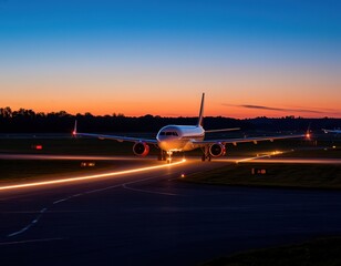 plane on runway with lights at dusk.