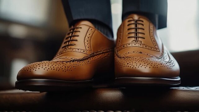 A close-up shot of a person's shoes sitting on a chair, ready to be put on