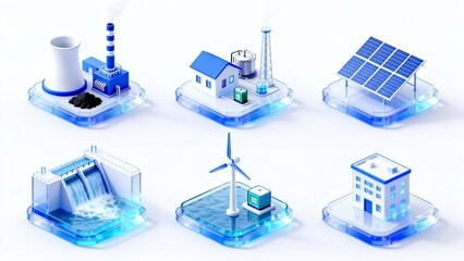Clean Energy Ecosystem Icons — Solar, Hydro, Wind, Storage & Power Plants (3D Render)