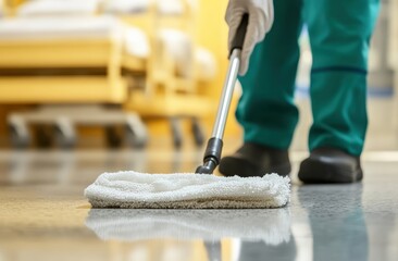 A person cleaning a floor with a mop in a medical or hospital environment, highlighting hygiene and cleanliness.