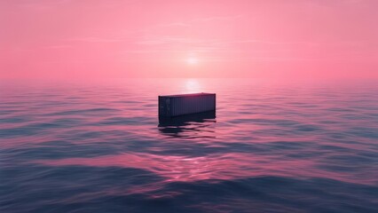 Minimalist Black Rectangle Floating on Calm Ocean Surface at Sunset.