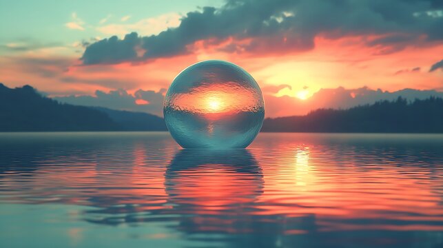 Tranquil sunset reflecting in a sphere on calm water, serene landscape