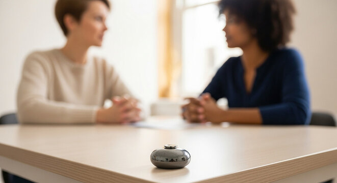 Two women in a meeting, with a small device on the table in the foreground.