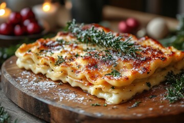 Cheese-covered wooden plate garnished with herbs.