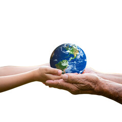 Untitled design - Close up of senior hands giving small planet earth to a child over defocused green background with copy space 