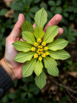 Sleep or nyctinastic movement , folding response of the leaflets of Touch-me-not (Mimosa pudica) plant when touched by a man with his hand, top view.