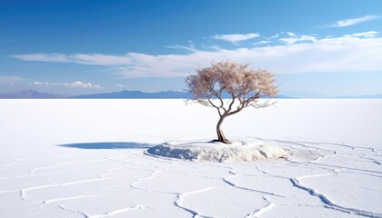 Isolated tree on a white, cracked salt flat under a vibrant blue sky