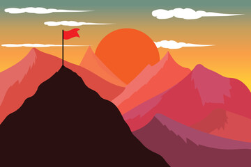 Mountain landscape with sunrise or sunset. Glacier under mountain. Flag is flying on mountain. Landscape of hill area
