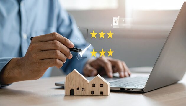 Person reviews, scoring with stars near miniature homes and laptop