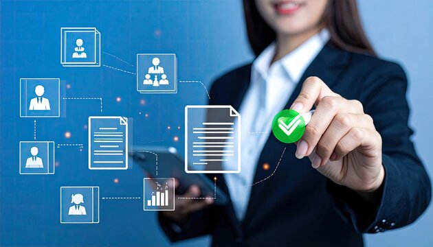 Woman in suit pointing at check mark over document icons, data flowing on screen