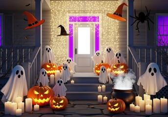 Obraz premium Halloween decorations with ghosts pumpkins hats candles and glowing lights display