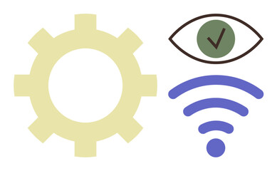 Gear, eye with a green checkmark, and wireless signal communicate ideas of technology, automation, connectivity, monitoring, vision, system integration and optimization. Ideal for digital projects