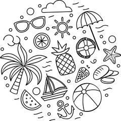 Circular Summer Beach Holiday Doodle Collection A Cheerful Medley of Vacation Essentials and Seaside Joys Outlined