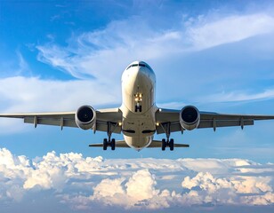 Obraz premium Airplane Ascending Against Bright Blue Sky with Clouds