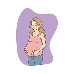 Pregnant woman vector illustration female character gently holding belly cartoon style drawing maternity motherhood concept expecting mother health family care lifestyle flat design