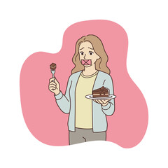 Woman holding cake vector illustration female character with taped mouth resisting dessert temptation cartoon style drawing unhealthy food diet concept sweet chocolate slice eating restriction