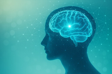 AI generated futuristic concept of human brain and data network glowing blue connections showing intelligence innovation and technology integration in a clean modern digital atmosphere